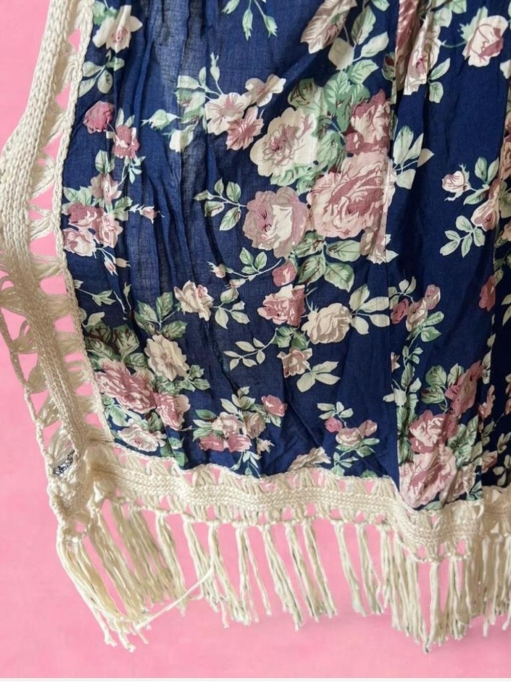 entro Navy Blue Floral Dress Top with Cream and Pink Roses - Picture 3 of 8